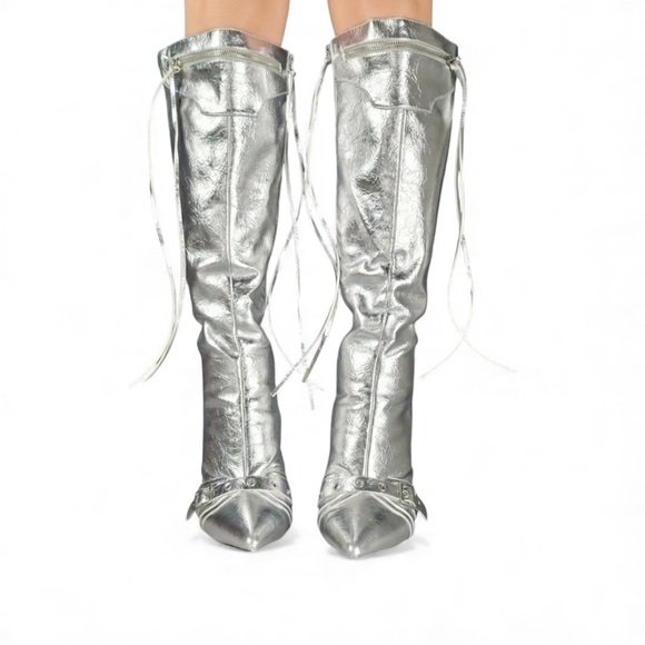 2K Metallic Silver Knee-High Stiletto Boots | Disco Diva Sz 9 - Picture 3 of 4